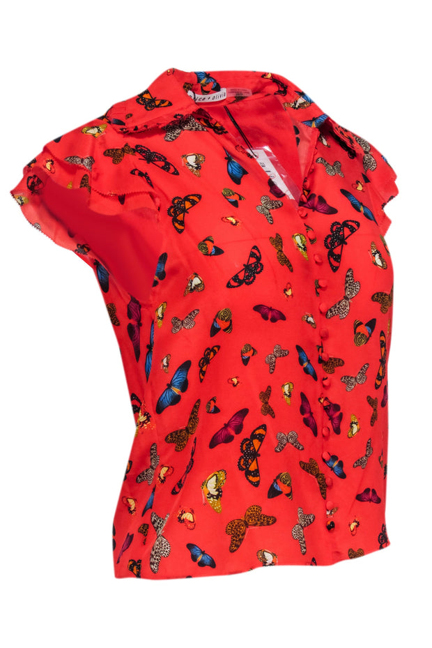 Current Boutique-Alice & Olivia - Red Silk Butterfly Print Short Sleeve Shirt w/ Cap Sleeves Sz XS