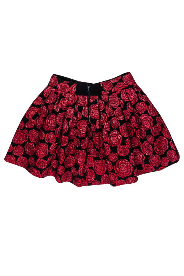 Current Boutique-Alice & Olivia - Red & Black Rose Print Flared Skirt Sz 6