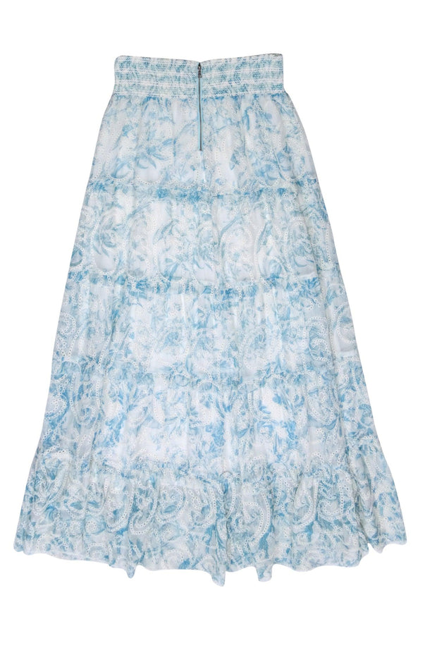 Current Boutique-Alice & Olivia - White & Blue Embroidered Tiered Maxi Skirt Sz L