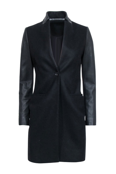 Current Boutique-All Saints - Black Wool Blend Coat w/ Lamb Leather Sleeves & Collar Sz 00