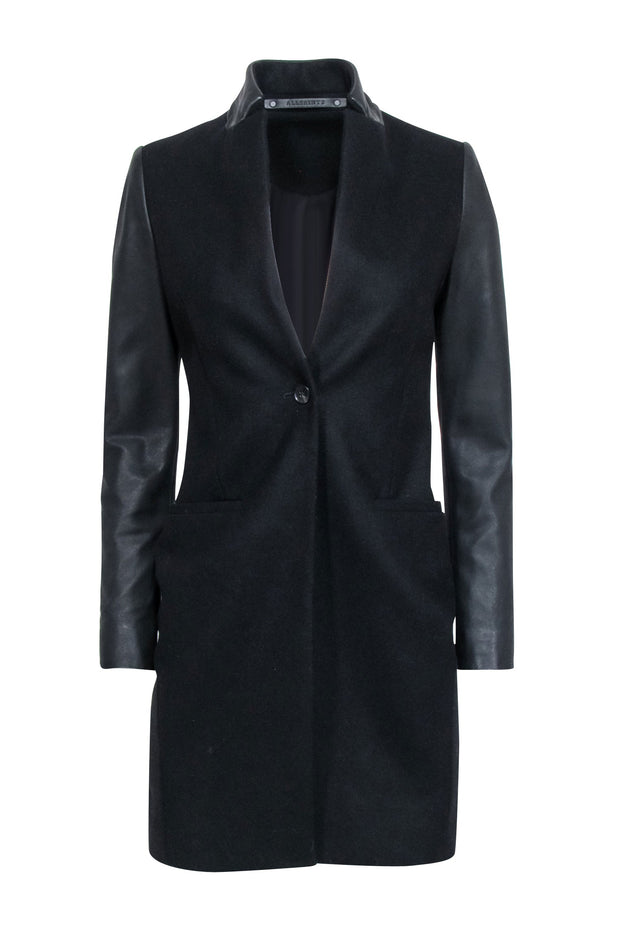 Current Boutique-All Saints - Black Wool Blend Coat w/ Lamb Leather Sleeves & Collar Sz 00
