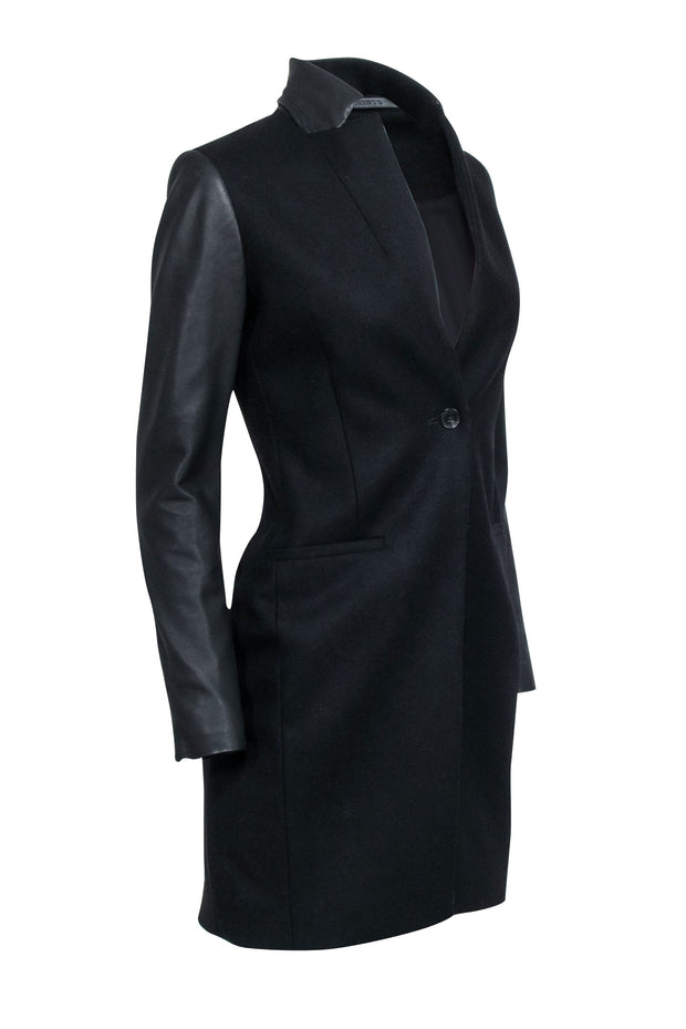 Current Boutique-All Saints - Black Wool Blend Coat w/ Lamb Leather Sleeves & Collar Sz 00