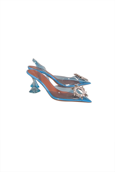 Current Boutique-Amina Muaddi - Sky Blue Transparent "Begum 95mm" Pumps Sz 9.5