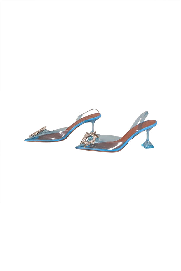 Current Boutique-Amina Muaddi - Sky Blue Transparent "Begum 95mm" Pumps Sz 9.5