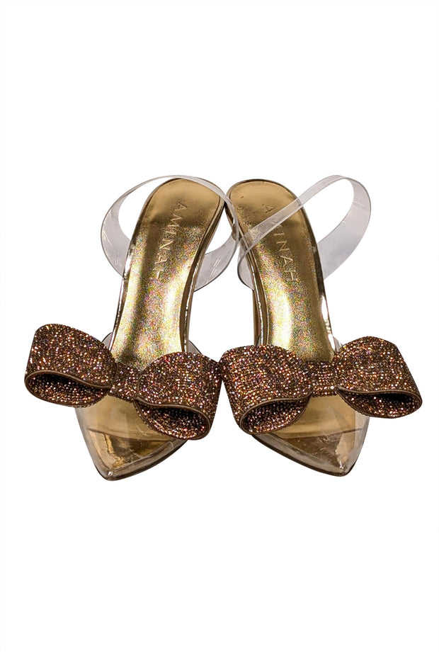 Current Boutique-Aminah Abdul Jillil - Transparent "Aloral" Strappy Pumps w/ Gold Rhinestone Bow Sz 7