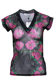 Current Boutique-Amir Slama - Black & Multi Color Sheer Mesh Floral Print Shirt Sz L