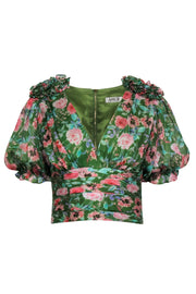 Current Boutique-Amur - Green & Pink Floral Ruched Short Sleeve Top Sz S