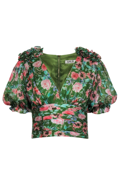 Current Boutique-Amur - Green & Pink Floral Ruched Short Sleeve Top Sz S