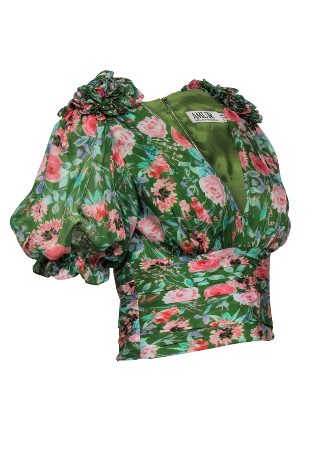 Current Boutique-Amur - Green & Pink Floral Ruched Short Sleeve Top Sz S