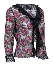 Current Boutique-Anna Sui - Black w/ Pink & Purple Floral Print Mesh Blouse w/ Lace Trim Sz 8