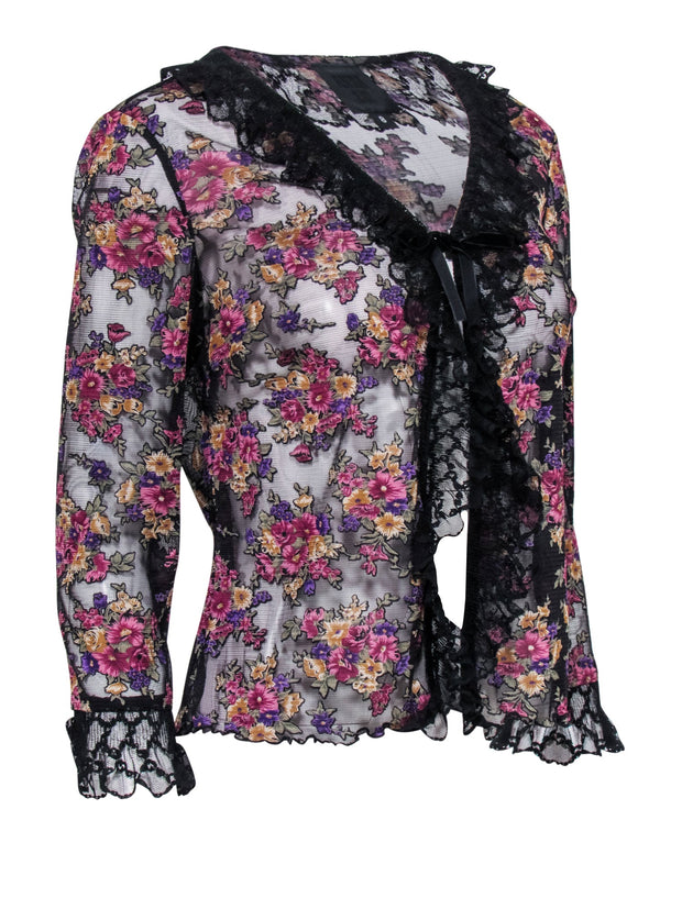 Current Boutique-Anna Sui - Black w/ Pink & Purple Floral Print Mesh Blouse w/ Lace Trim Sz 8