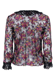 Current Boutique-Anna Sui - Black w/ Pink & Purple Floral Print Mesh Blouse w/ Lace Trim Sz 8