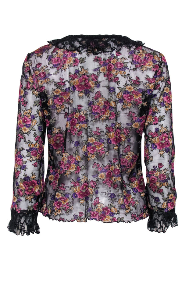 Current Boutique-Anna Sui - Black w/ Pink & Purple Floral Print Mesh Blouse w/ Lace Trim Sz 8