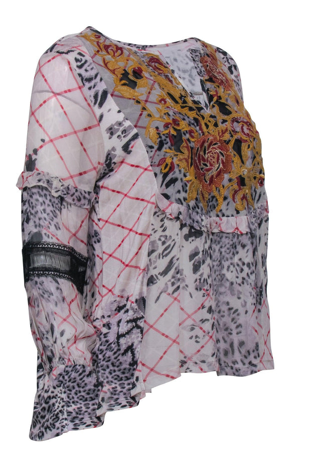 Current Boutique-Anthropologie - Grey & Red Multi Print Semi Sheer Long Sleeve Shirt Sz S