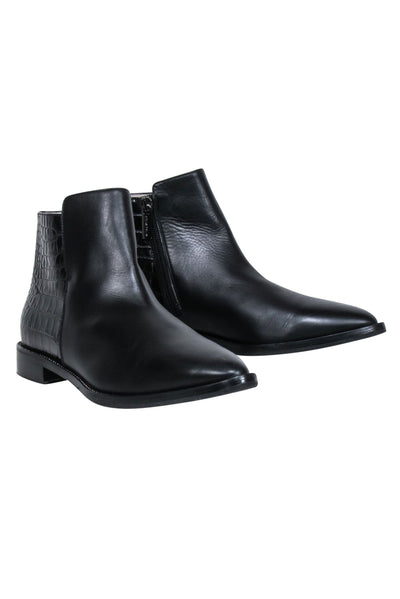 Current Boutique-Aquatalia - Black Leather Pointed-Toe Short Boots w/ Croc Embossing Sz 8.5