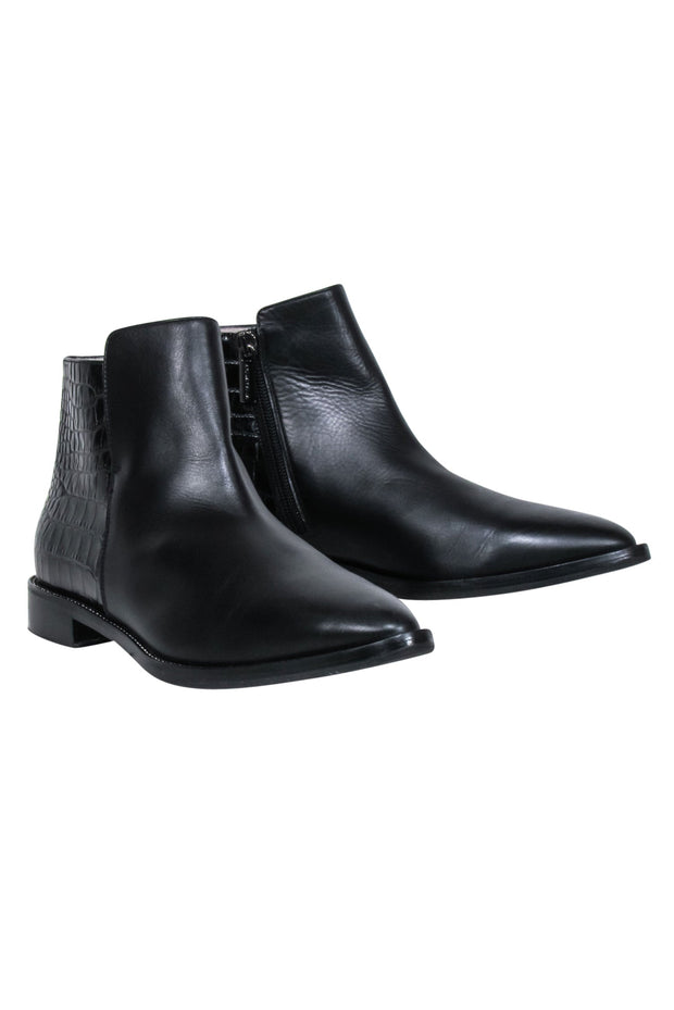 Current Boutique-Aquatalia - Black Leather Pointed-Toe Short Boots w/ Croc Embossing Sz 8.5