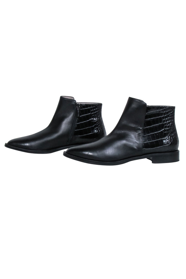 Current Boutique-Aquatalia - Black Leather Pointed-Toe Short Boots w/ Croc Embossing Sz 8.5
