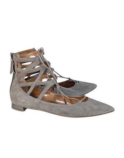 Current Boutique-Aquazzura - Grey Suede Lace Up Pointed Toe Flats Sz 10.5