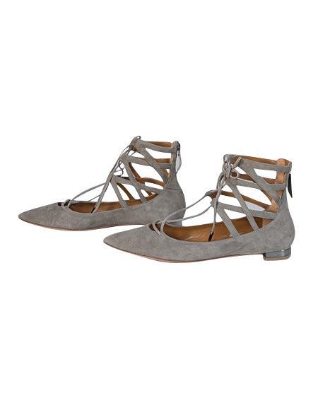 Current Boutique-Aquazzura - Grey Suede Lace Up Pointed Toe Flats Sz 10.5