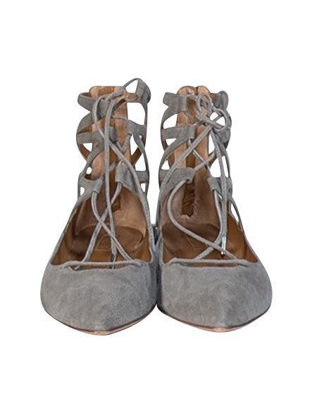 Current Boutique-Aquazzura - Grey Suede Lace Up Pointed Toe Flats Sz 10.5