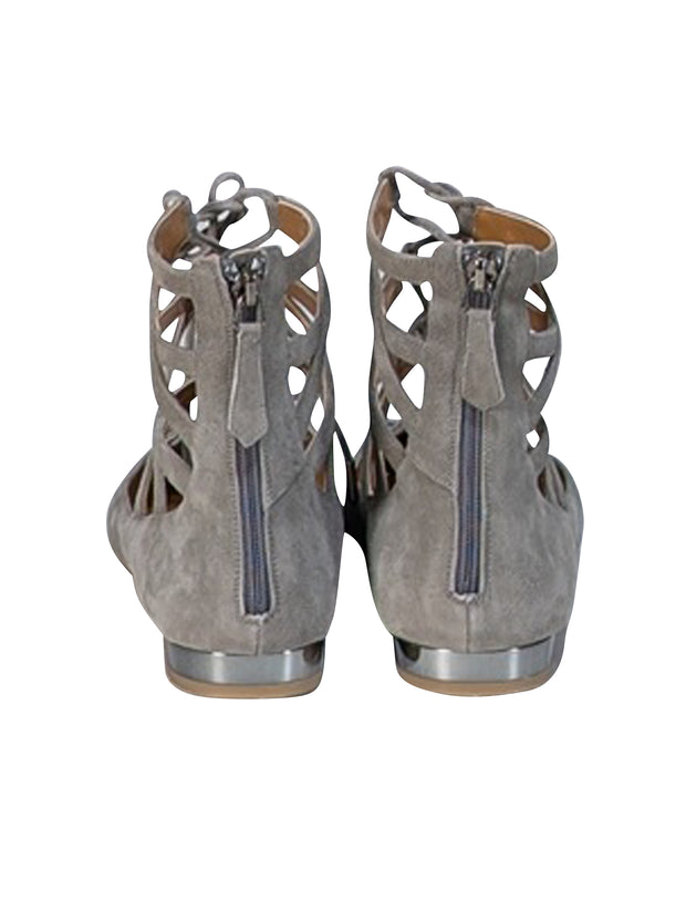Current Boutique-Aquazzura - Grey Suede Lace Up Pointed Toe Flats Sz 10.5