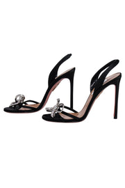 Current Boutique-Aquazzura - Black Satin Heeled "Babe" Sandal w/ Embellished Bow Sz 8