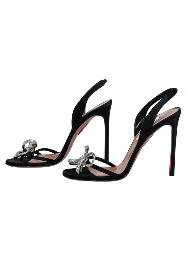 Current Boutique-Aquazzura - Black Satin Heeled "Babe" Sandal w/ Embellished Bow Sz 8