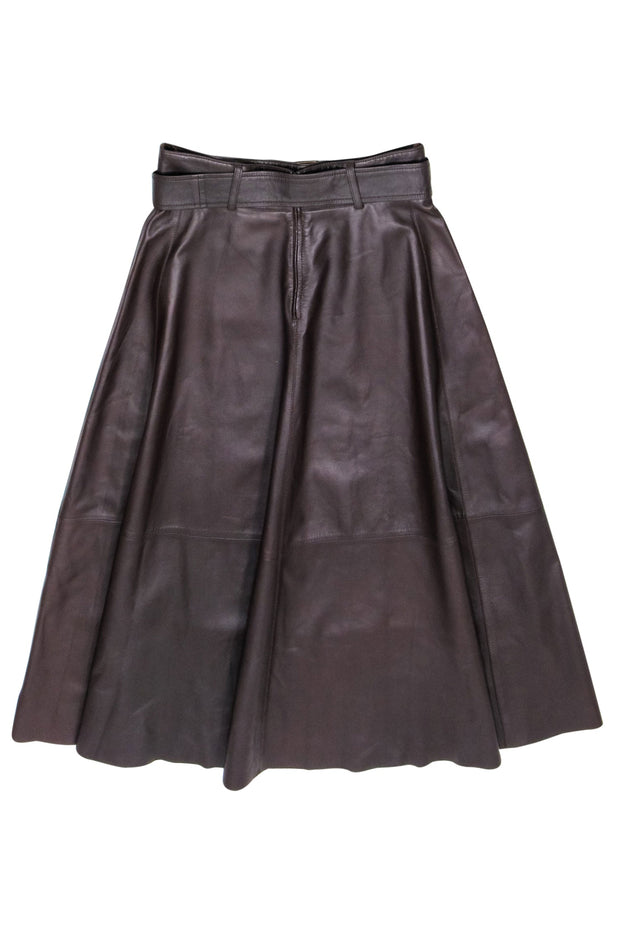 Current Boutique-Arma - Brown Leather Belted A-Line Midi Skirt Sz M