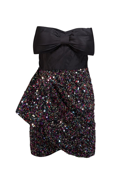 Atsu - Black Sequined Strapless Mini Dress w/ Bow Sz 8 - Current Boutique