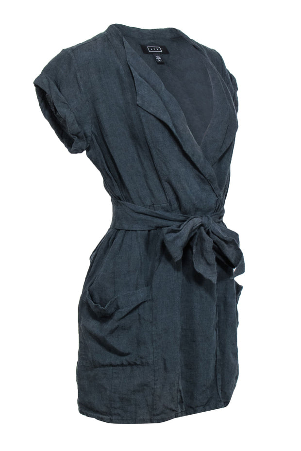 Current Boutique-AYR - Green Wash Short Sleeve Mini Linen Dress w/ Snap Buttons Sz S