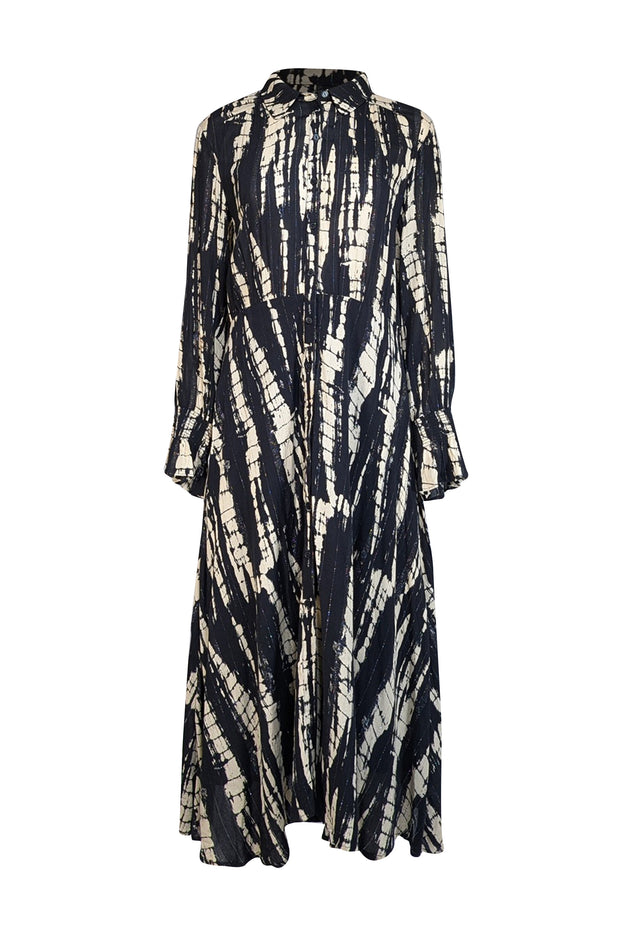 Ba&sh - Black & Beige Abstract Print Collared Midi Dress Sz 8 - Current Boutique