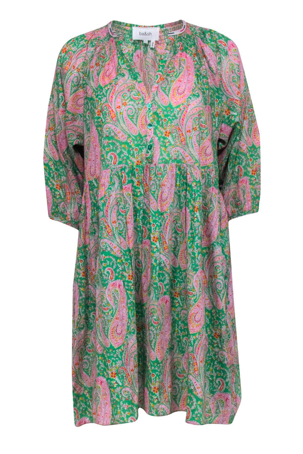 Current Boutique-Ba&sh - Green & Pink Paisley Long Sleeve Dress Sz L