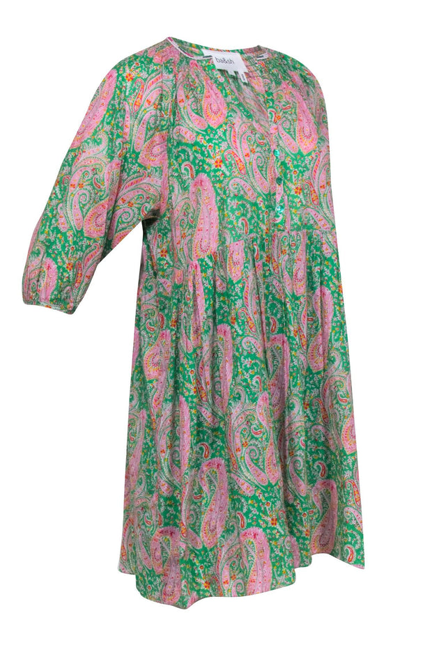 Current Boutique-Ba&sh - Green & Pink Paisley Long Sleeve Dress Sz L