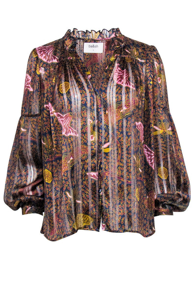 Current Boutique-Ba&sh - Navy, Gold & Maroon Paisley Print Semi-Sheer Blouse Sz 6