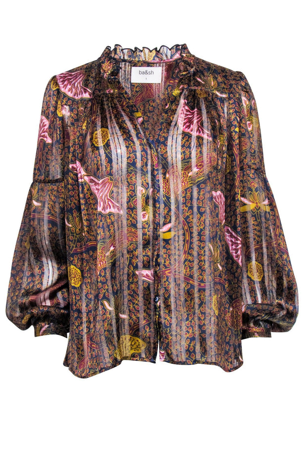 Current Boutique-Ba&sh - Navy, Gold & Maroon Paisley Print Semi-Sheer Blouse Sz 6