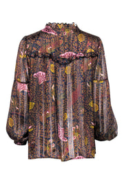 Current Boutique-Ba&sh - Navy, Gold & Maroon Paisley Print Semi-Sheer Blouse Sz 6