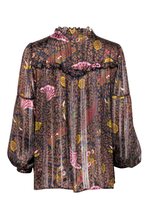Current Boutique-Ba&sh - Navy, Gold & Maroon Paisley Print Semi-Sheer Blouse Sz 6