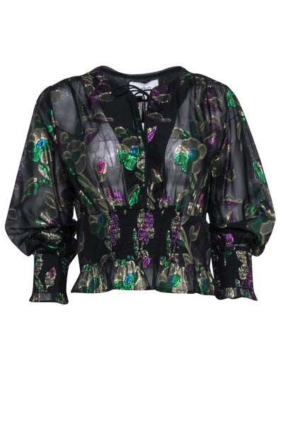 Current Boutique-Ba&sh - Black w/ Metallic Floral Print Top Sz M