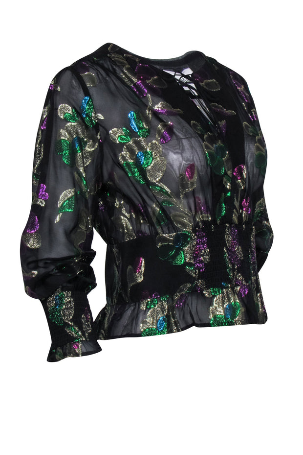 Current Boutique-Ba&sh - Black w/ Metallic Floral Print Top Sz M