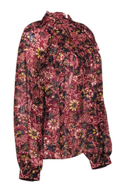 Current Boutique-Ba&sh - Red Floral Print Mock Neck Semi-Sheer Blouse Sz M