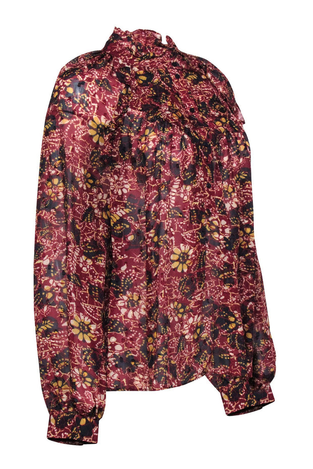 Current Boutique-Ba&sh - Red Floral Print Mock Neck Semi-Sheer Blouse Sz M
