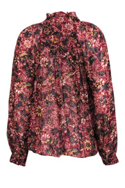 Current Boutique-Ba&sh - Red Floral Print Mock Neck Semi-Sheer Blouse Sz M