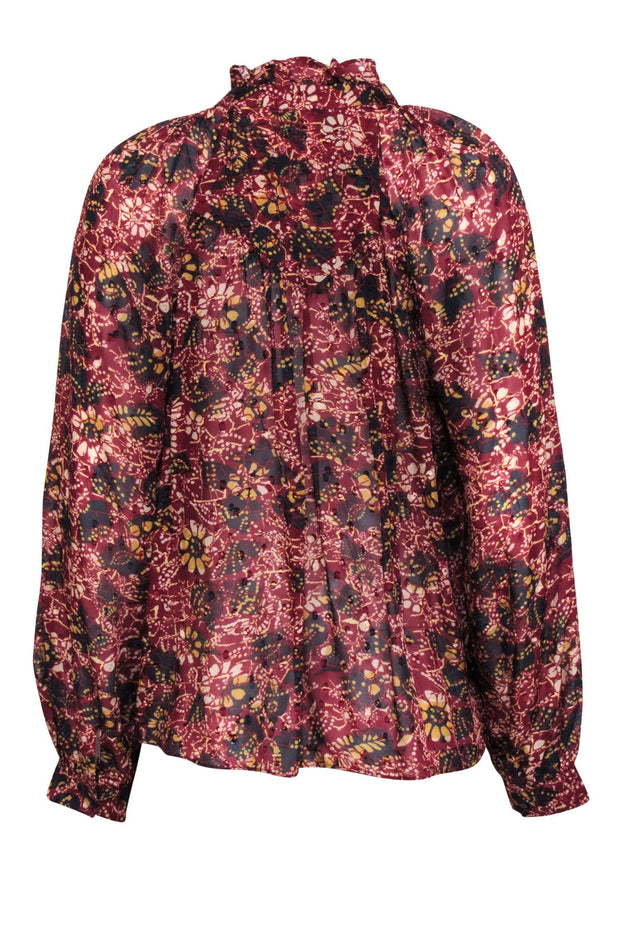 Current Boutique-Ba&sh - Red Floral Print Mock Neck Semi-Sheer Blouse Sz M