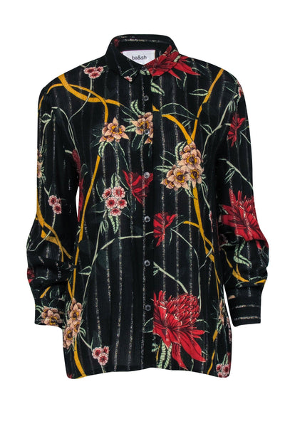 Current Boutique-Ba&sh - Black Metallic Stripe w/ Red Floral Print Blouse Sz S