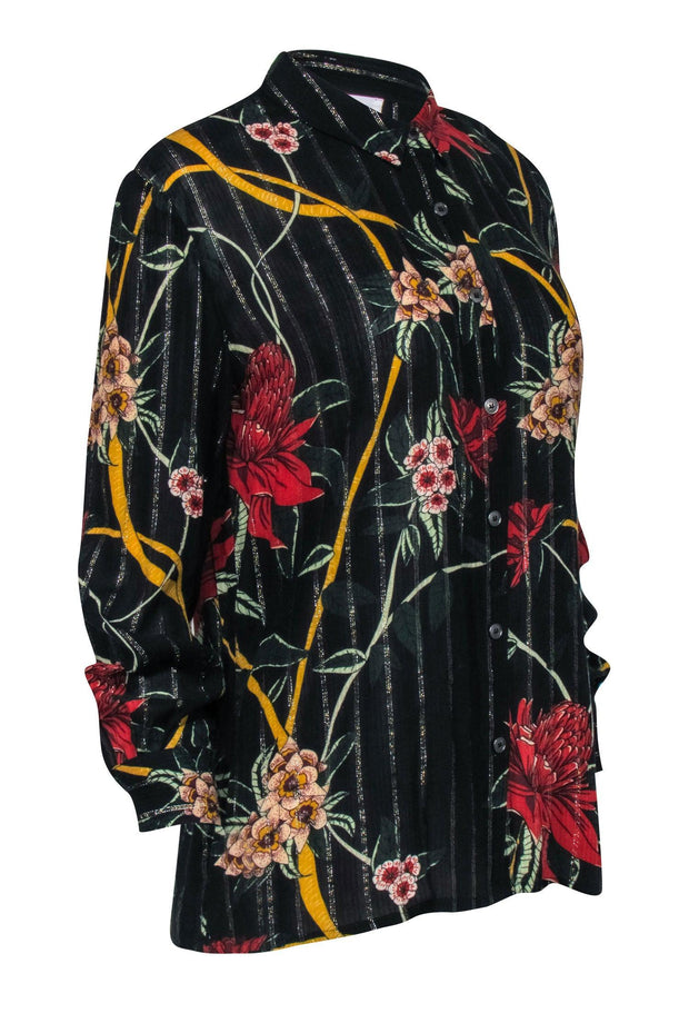 Current Boutique-Ba&sh - Black Metallic Stripe w/ Red Floral Print Blouse Sz S