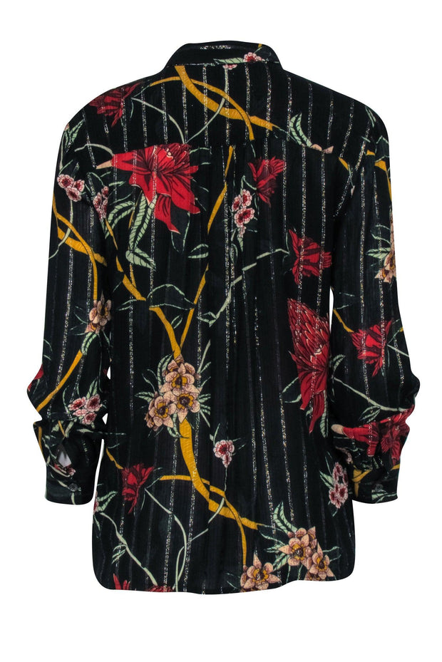Current Boutique-Ba&sh - Black Metallic Stripe w/ Red Floral Print Blouse Sz S