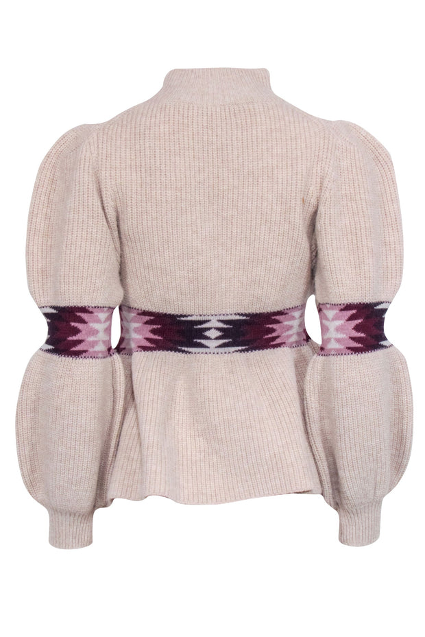 Current Boutique-Ba&sh - Beige Wool Blend Mock Neck Peplum Sweater w/ Geometric Print Sz S