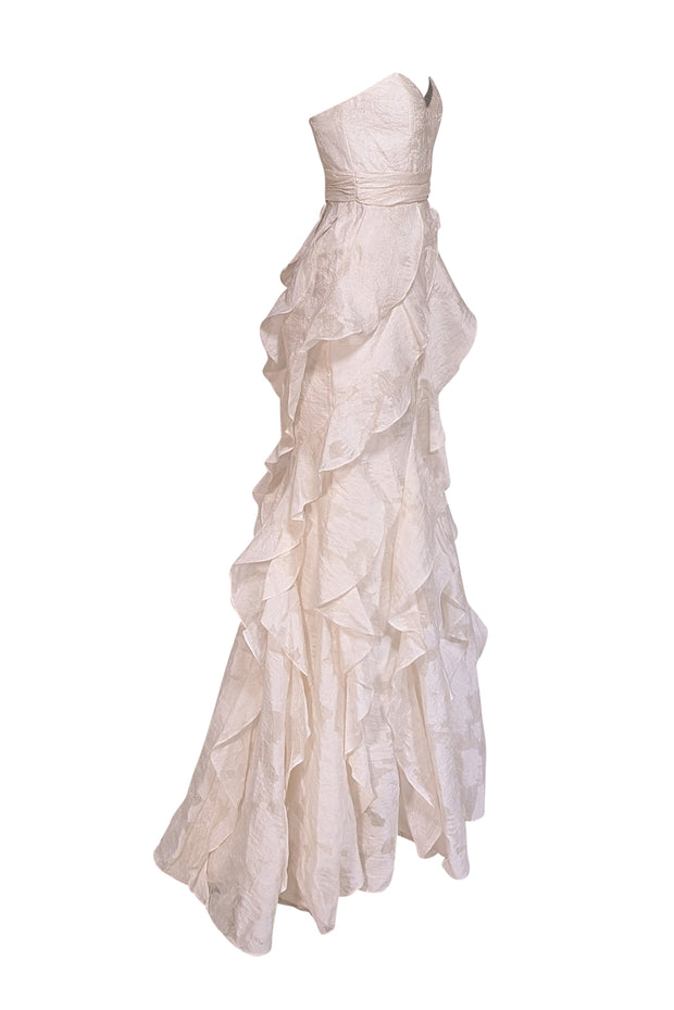 Badgley Mischka - Ivory Ruffle Trim Strapless Formal Dress Sz 4 - Current Boutique