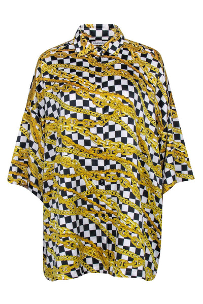 Current Boutique-Balenciaga - Gold, Black, & White Checkered Chain Print Top Sz 4