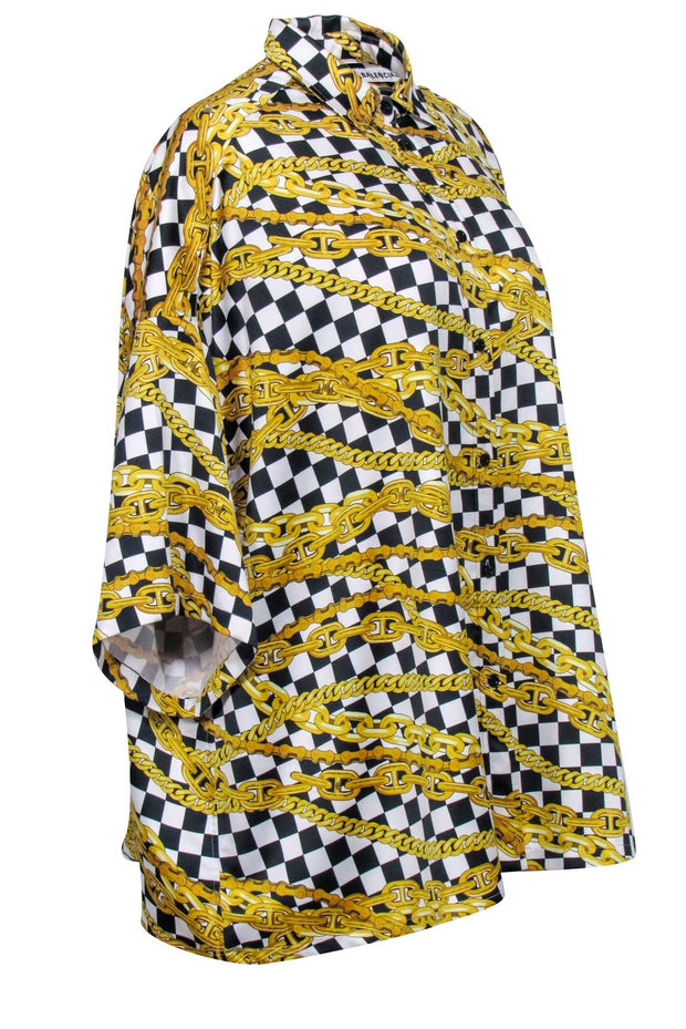 Current Boutique-Balenciaga - Gold, Black, & White Checkered Chain Print Top Sz 4